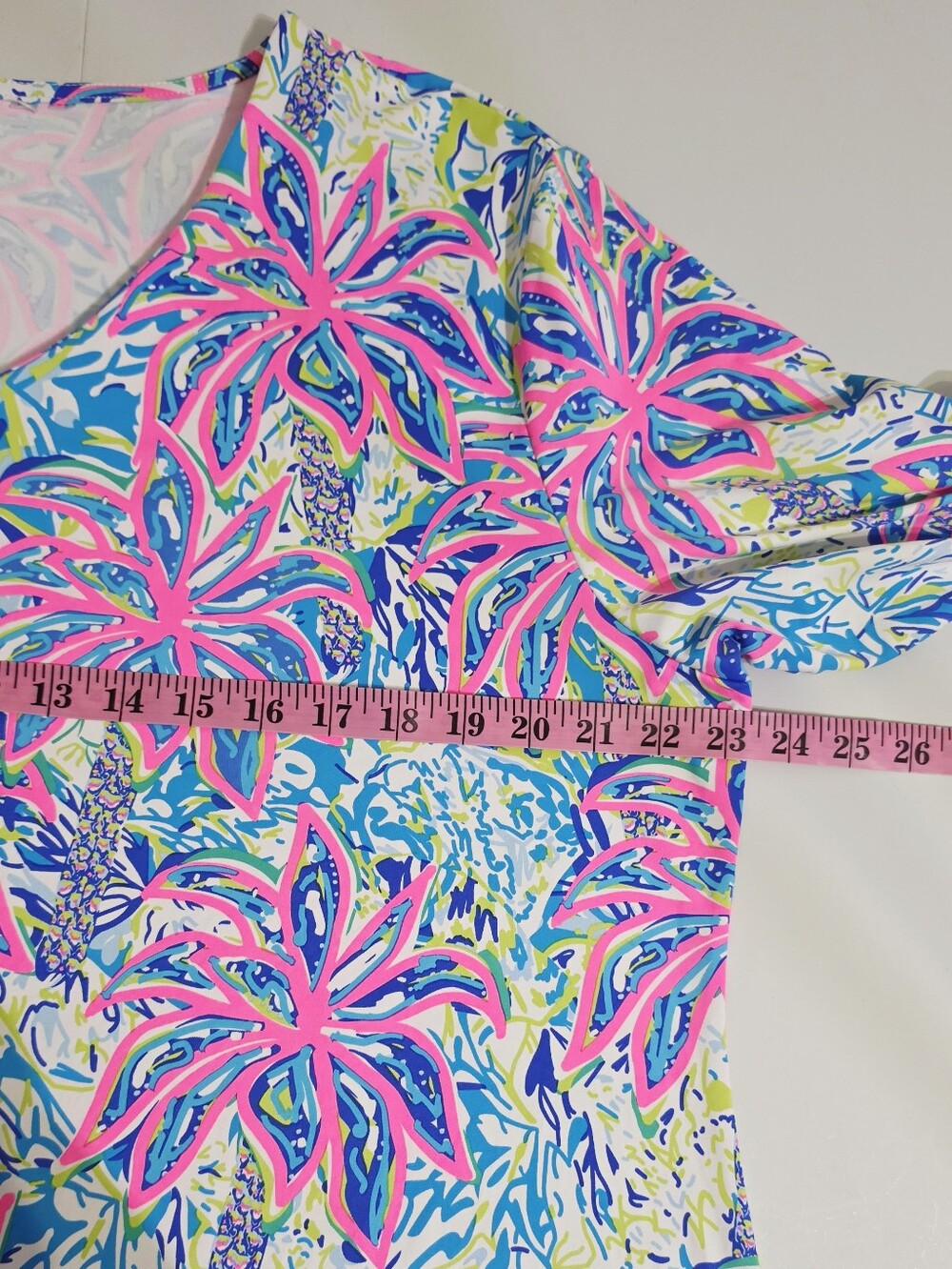 Lulu-B 1X SPF 50 Tropical Palm Print Dress Pink Blue 3/4 Sleeve Resort Plus - Picture 8 of 14